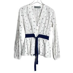 Silvia Tcherassi Womens Sarah Shirt Ditsy Floral Top V Neck Tie Waist S White